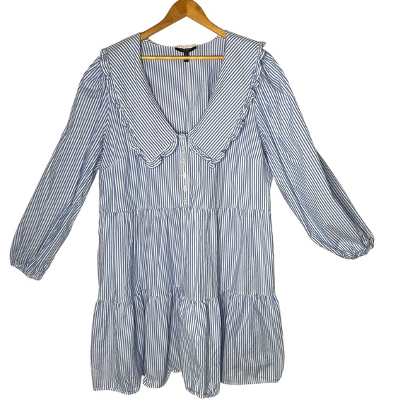 ELOQUII Elements Short Tiered Ruffle Dress Plus Size 24 Blue Striped Preppy - Picture 1 of 10